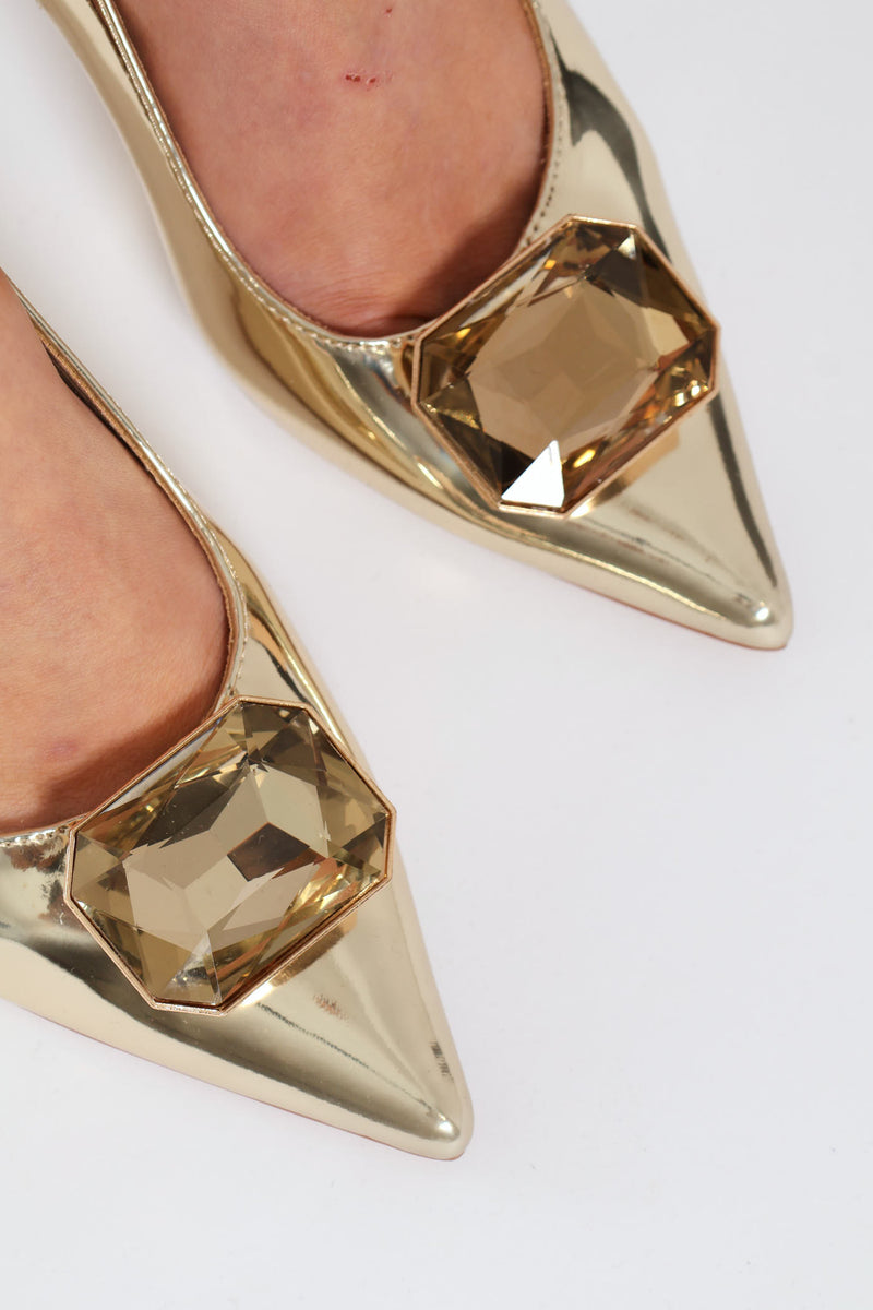 Jewel Trim Sling Back Stiletto Heel - Gold