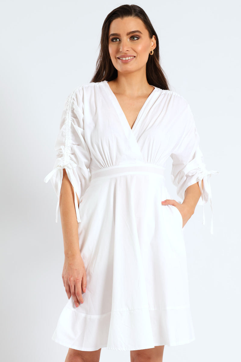 3/4 Ruched Balloon Sleeve Belted Kimono Fit & Flare Mini Dress - White