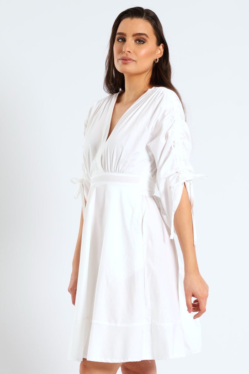 3/4 Ruched Balloon Sleeve Belted Kimono Fit & Flare Mini Dress - White