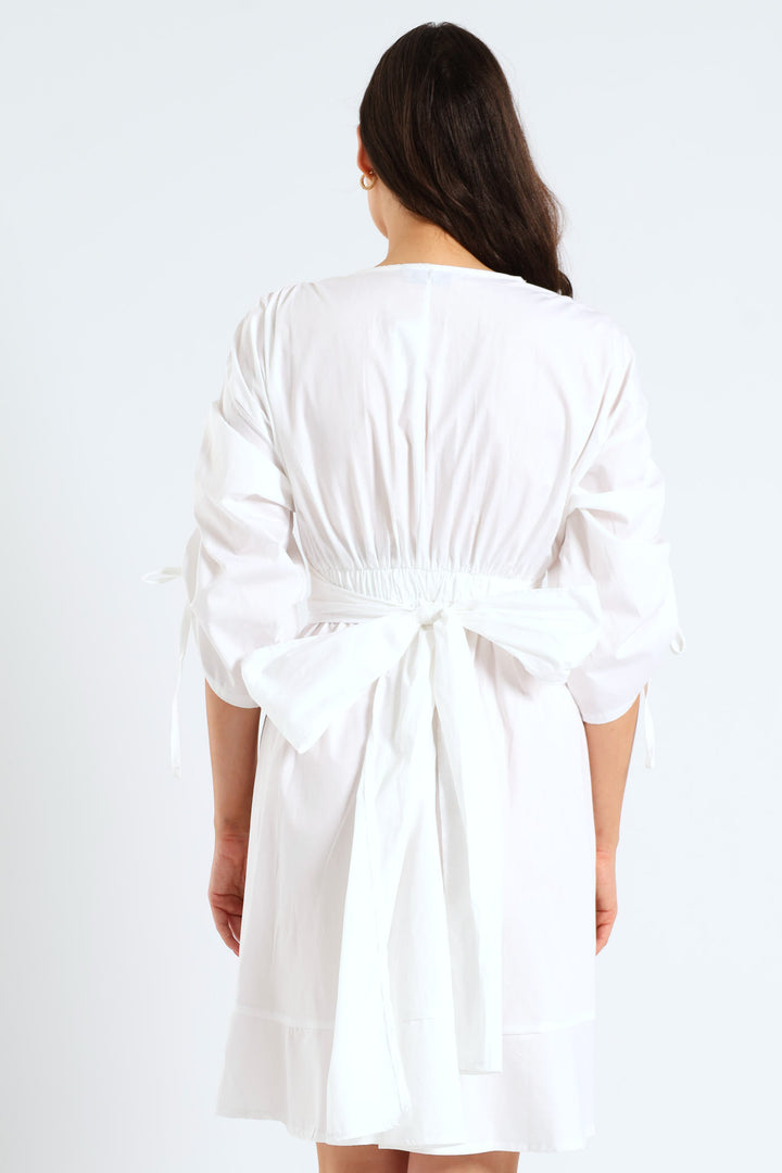 3/4 Ruched Balloon Sleeve Belted Kimono Fit & Flare Mini Dress - White