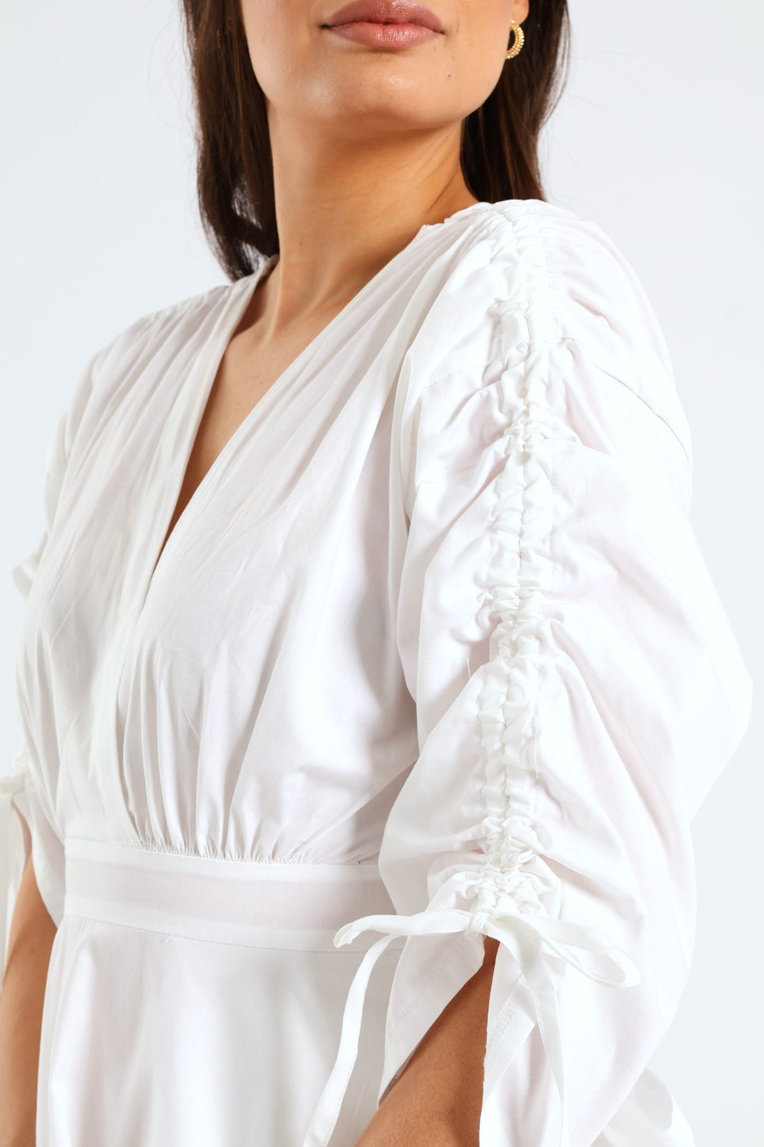 3/4 Ruched Balloon Sleeve Belted Kimono Fit & Flare Mini Dress - White