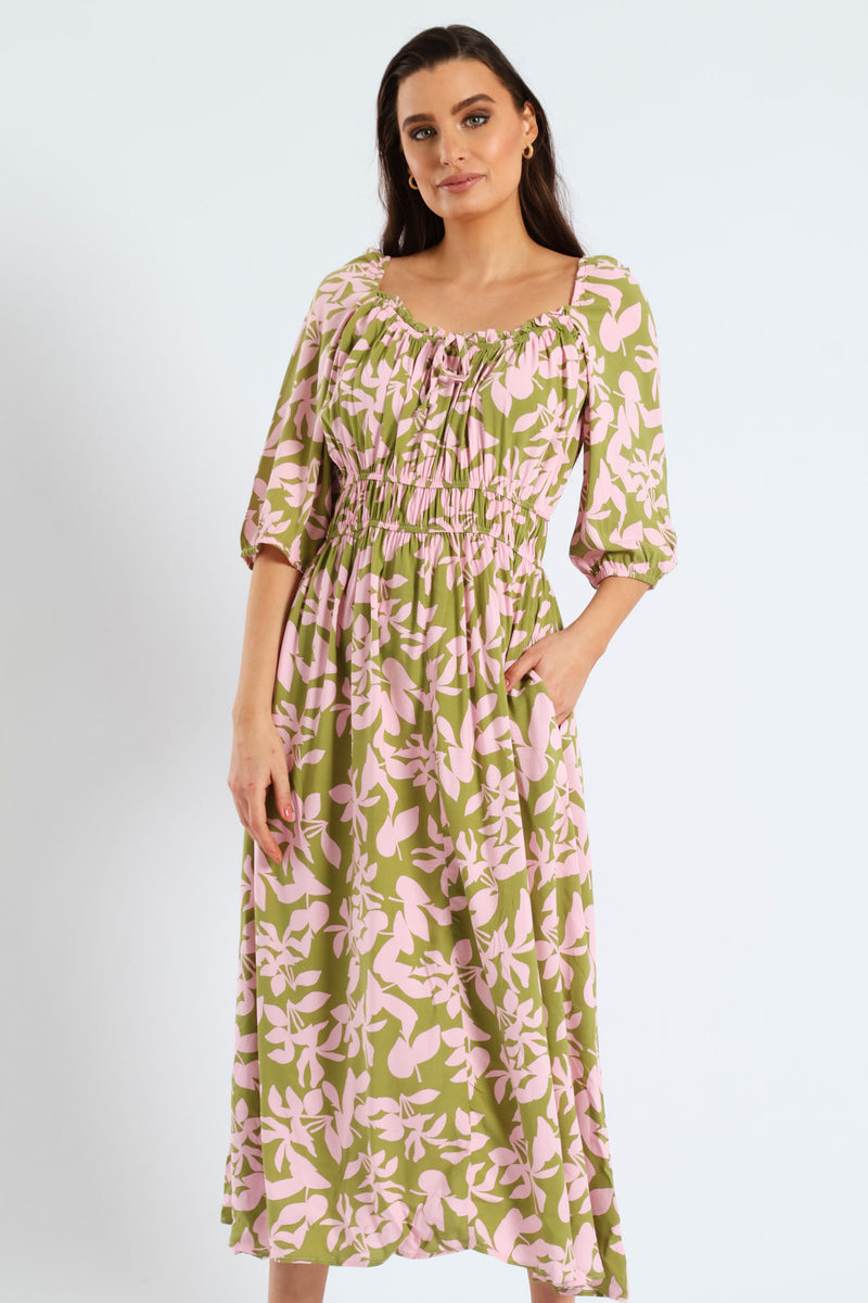 3/4 Sleeve Frill Bardot Neck Elastic Detail Midi Dress - Chartreuse/Mauve