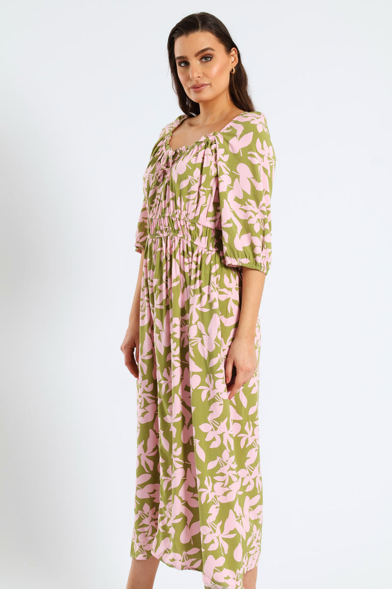 3/4 Sleeve Frill Bardot Neck Elastic Detail Midi Dress - Chartreuse/Mauve