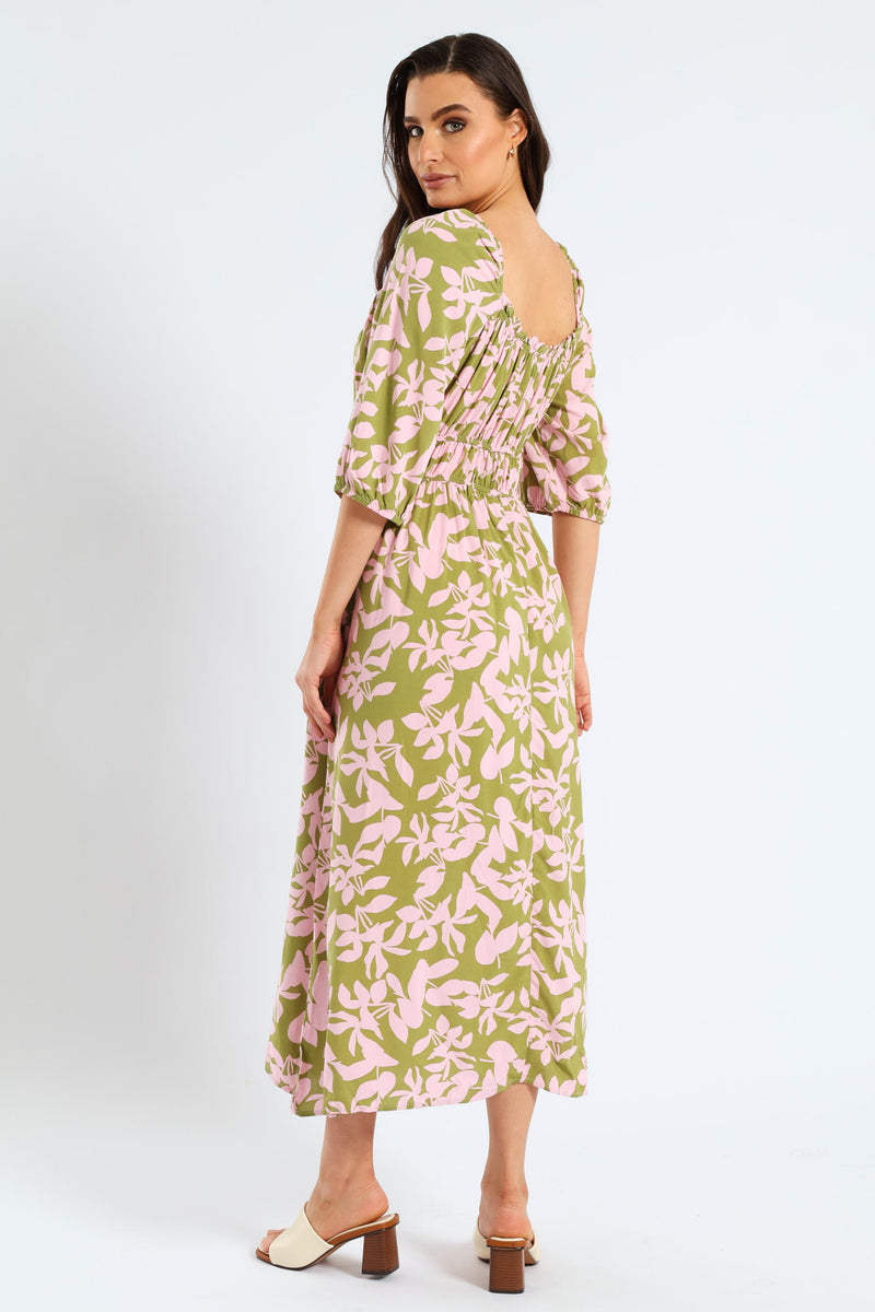 3/4 Sleeve Frill Bardot Neck Elastic Detail Midi Dress - Chartreuse/Mauve