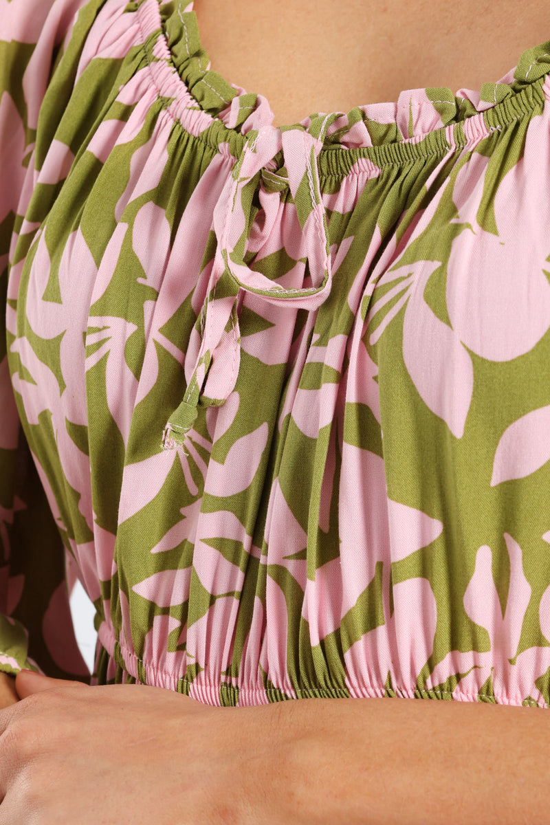 3/4 Sleeve Frill Bardot Neck Elastic Detail Midi Dress - Chartreuse/Mauve