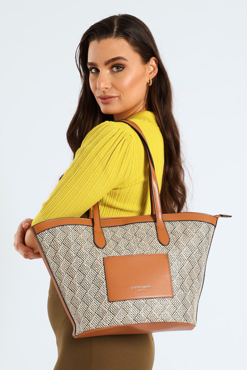 Pocket Detail Straw Tote Bag - Tan