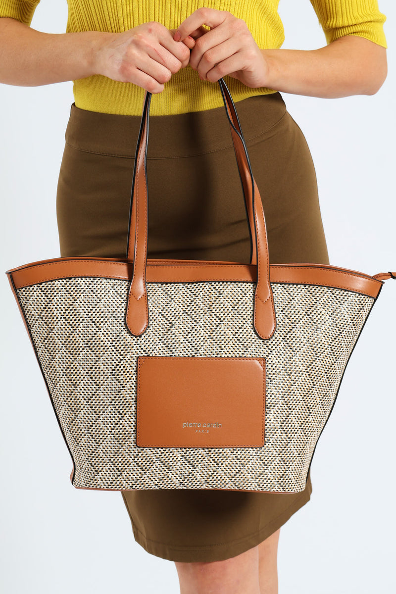 Pocket Detail Straw Tote Bag - Tan
