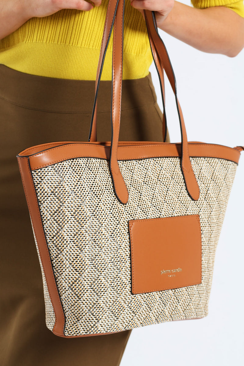 Pocket Detail Straw Tote Bag - Tan