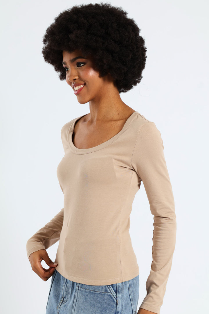 Long Sleeve Scoop Neck Basic Top - Stone