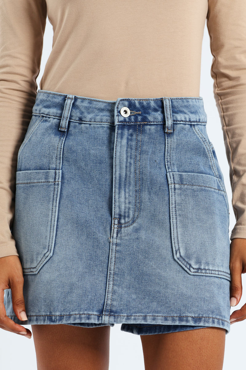 Denim Carpenter Skort - Mid Blue