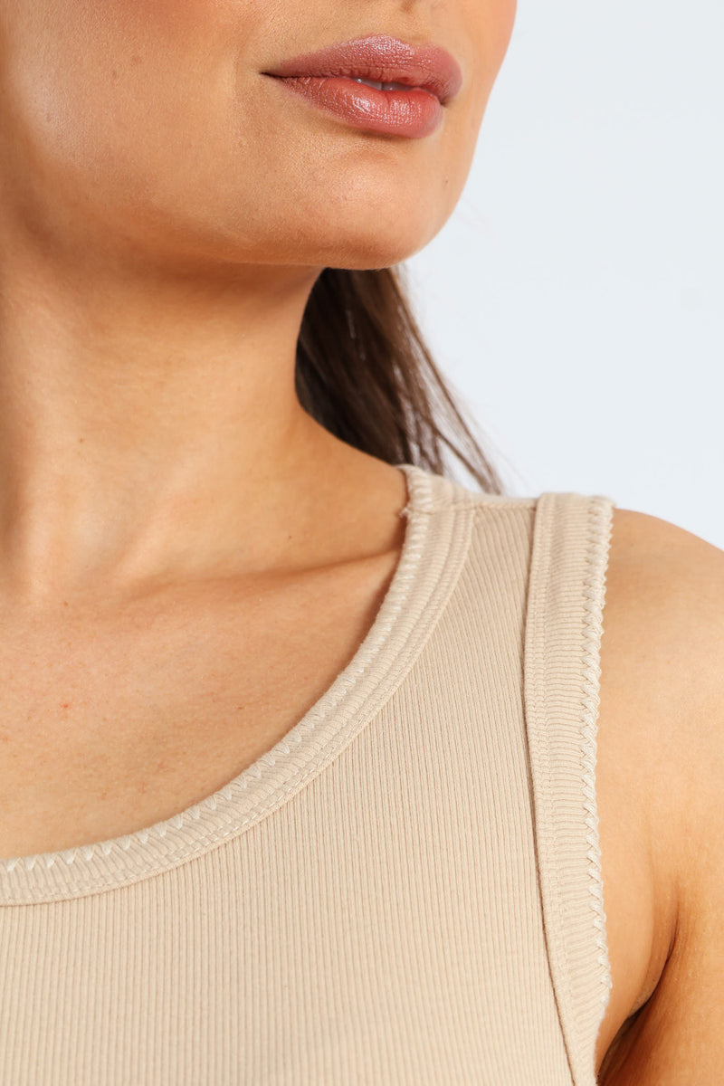 Stitch Edge Detail Rib Tank Top - Stone
