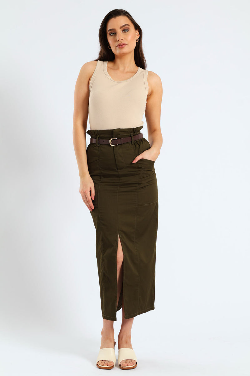Belted Paperbag Front Slit Structured Midaxi Pencil Skirt - Fatigue