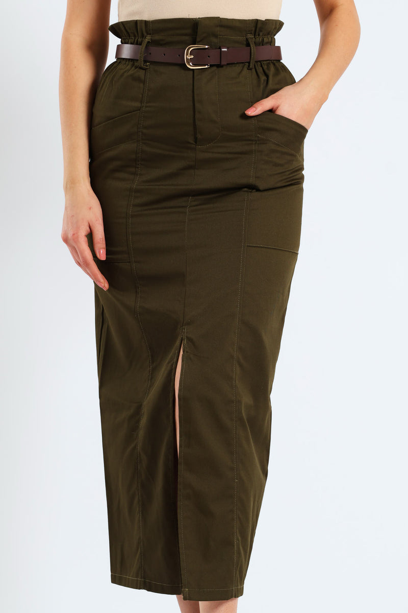 Belted Paperbag Front Slit Structured Midaxi Pencil Skirt - Fatigue
