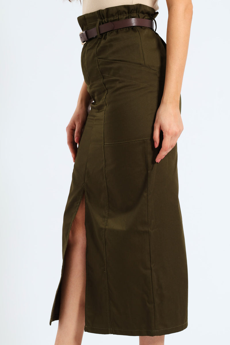 Belted Paperbag Front Slit Structured Midaxi Pencil Skirt - Fatigue