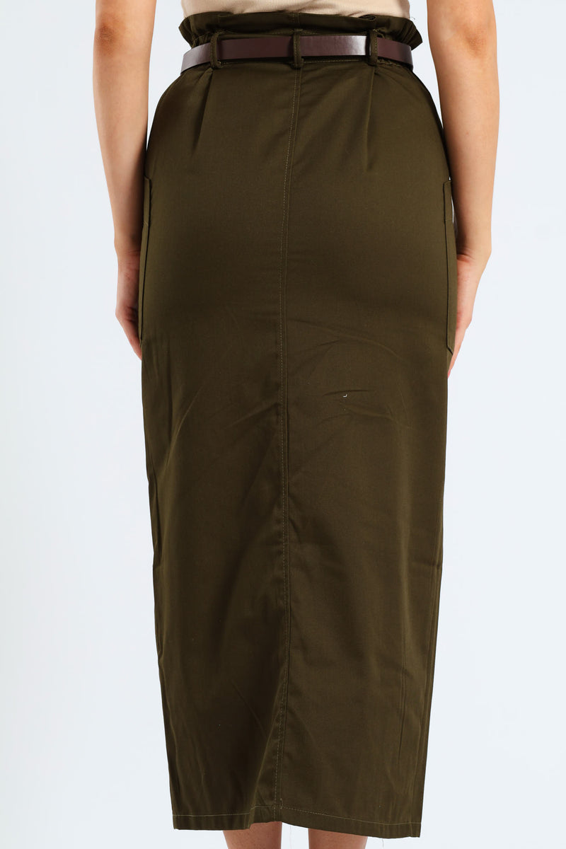 Belted Paperbag Front Slit Structured Midaxi Pencil Skirt - Fatigue