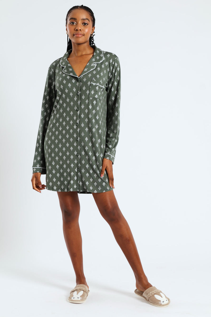 Soft Touch Silver Fern Button Through Sleep Shirt - Mid Green