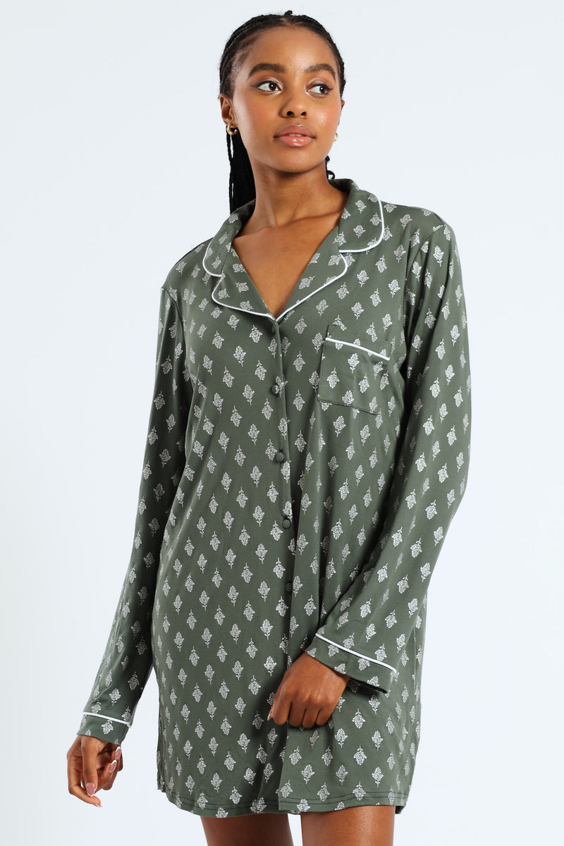 Soft Touch Silver Fern Button Through Sleep Shirt - Mid Green