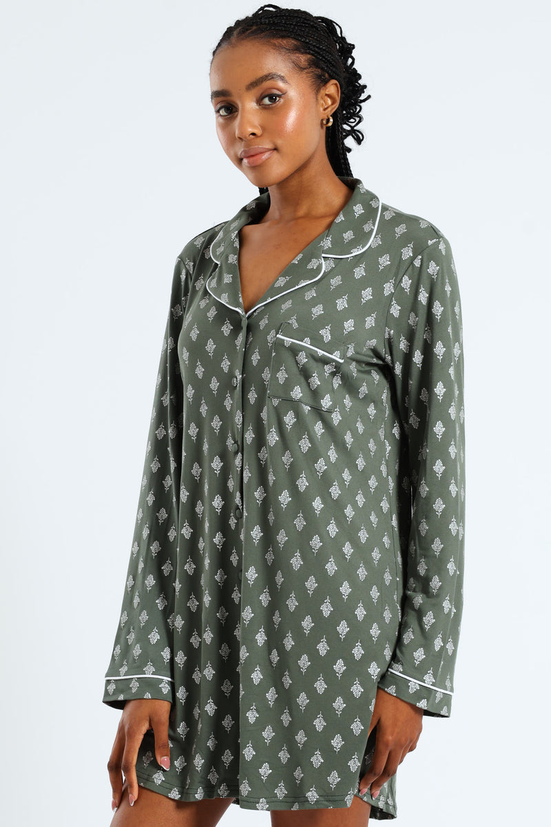 Soft Touch Silver Fern Button Through Sleep Shirt - Mid Green