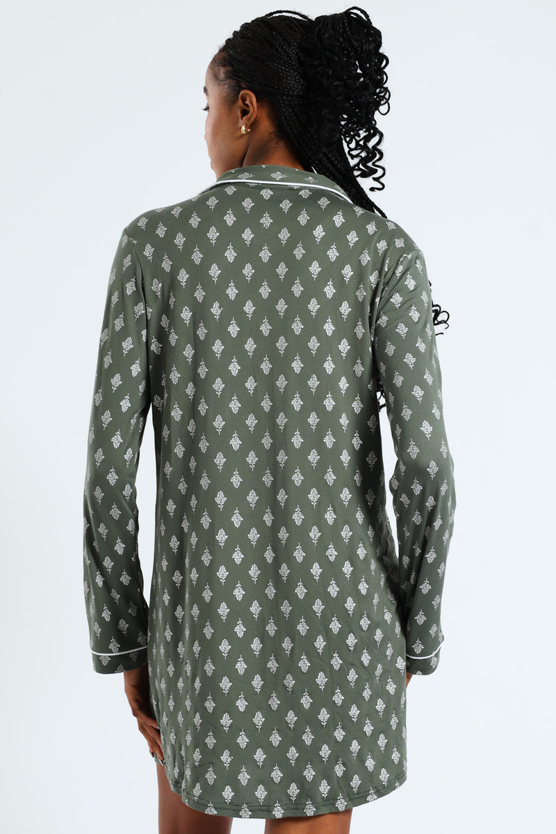 Soft Touch Silver Fern Button Through Sleep Shirt - Mid Green
