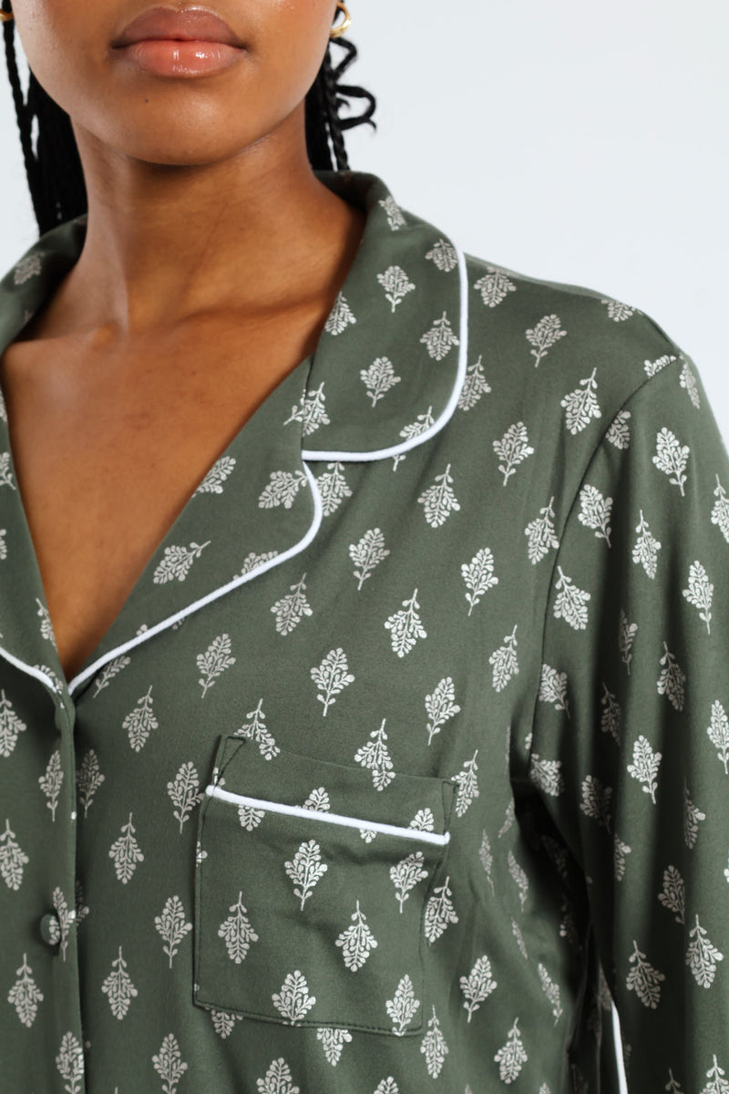 Soft Touch Silver Fern Button Through Sleep Shirt - Mid Green