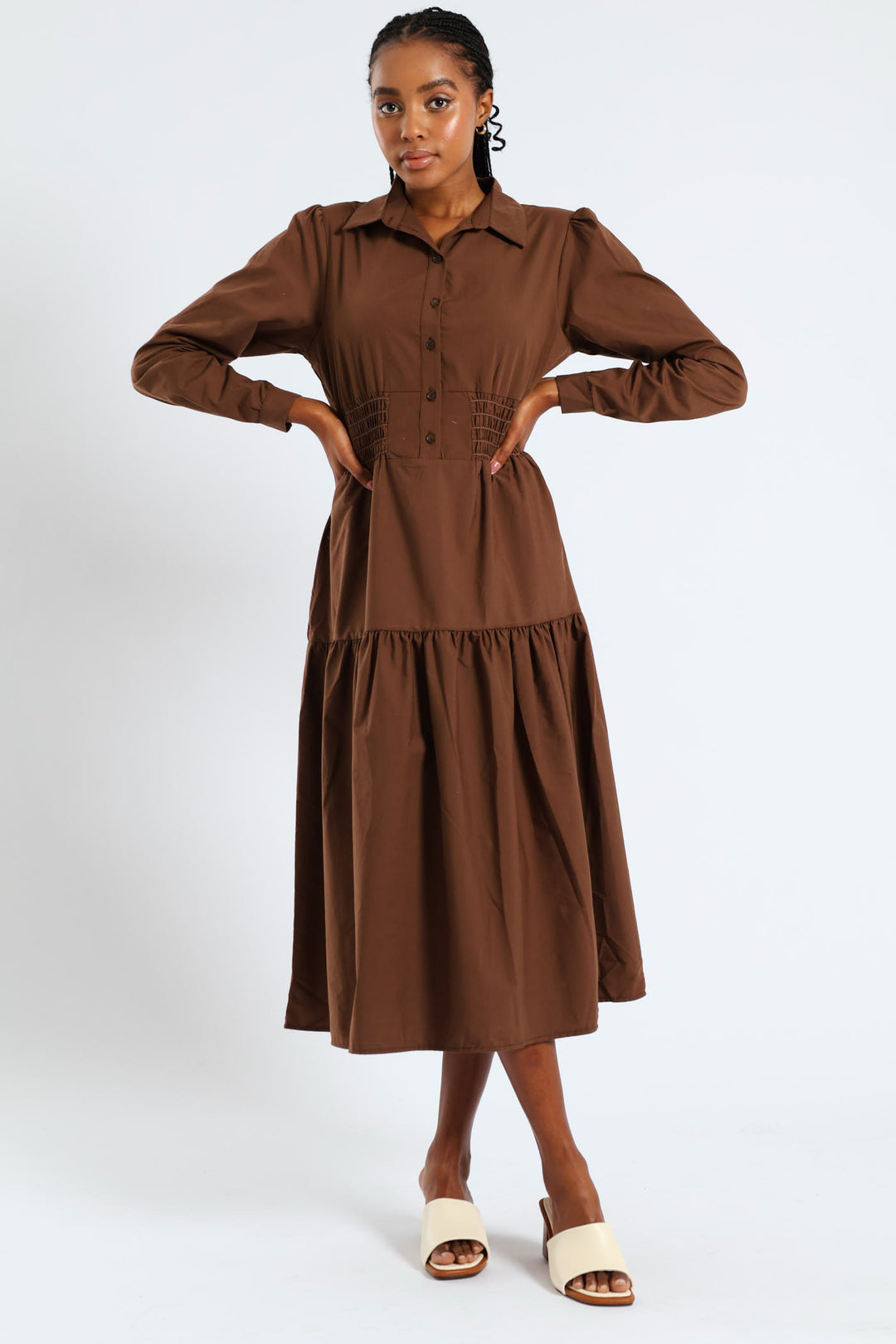 Ladies Long Sleeve Shirred Waist Tiered Midi Dress - Dark Brown Edgars Ladies Long Sleeve Shirred Waist Tiered Midi Dress - Dark Brown Edgars