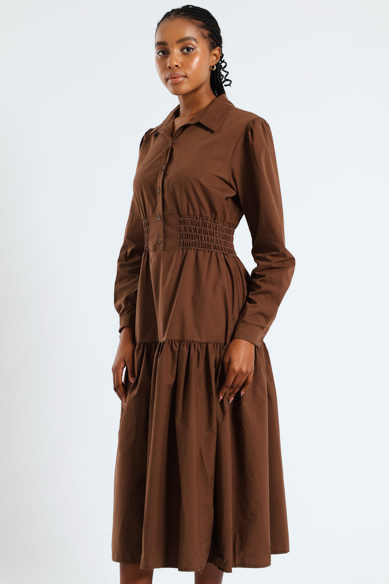 Long Sleeve Shirred Waist Tiered Midi Dress - Dark Brown