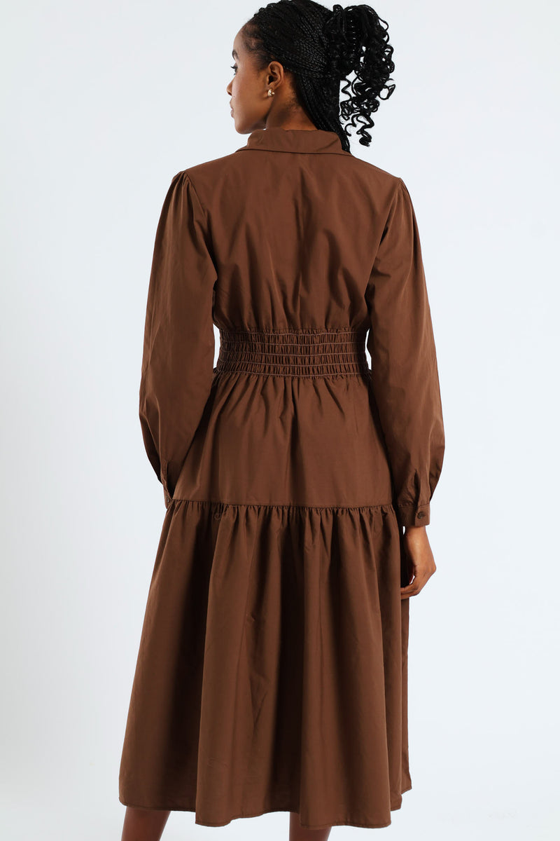Long Sleeve Shirred Waist Tiered Midi Dress - Dark Brown