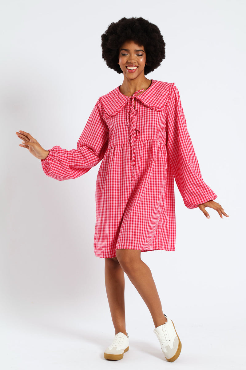 Bow & Collar Gingham Mini Dress - Red