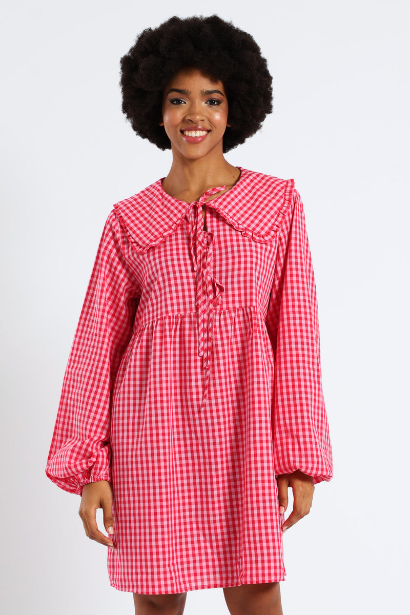 Bow & Collar Gingham Mini Dress - Red