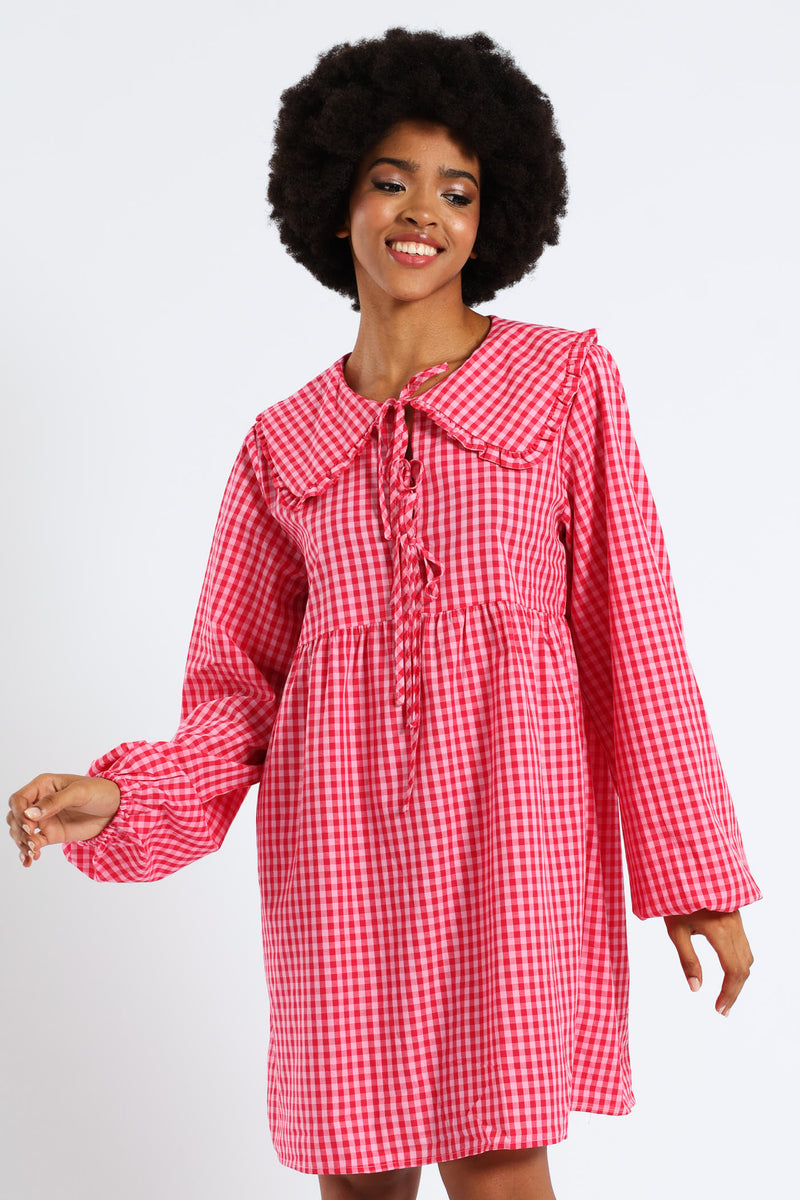 Bow & Collar Gingham Mini Dress - Red