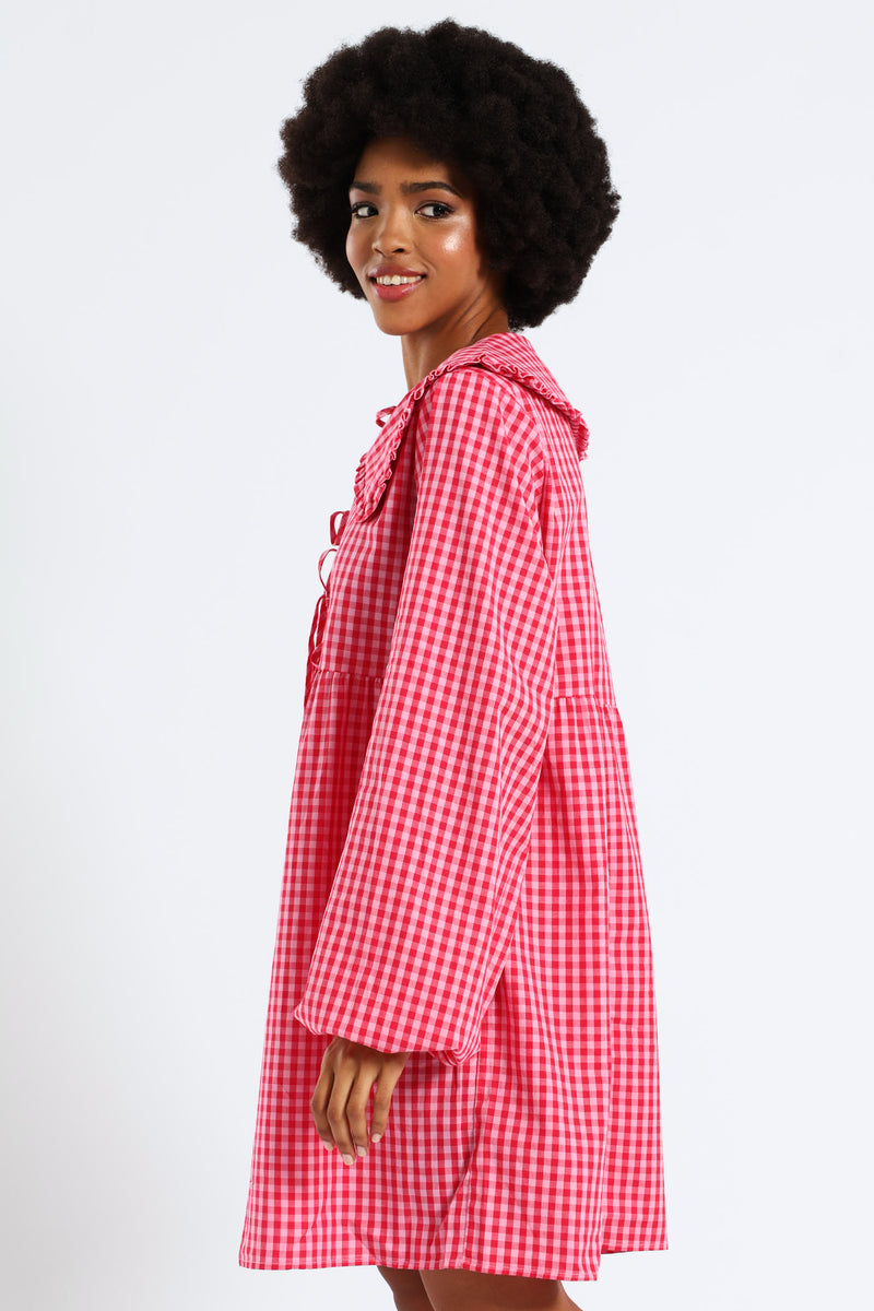 Bow & Collar Gingham Mini Dress - Red