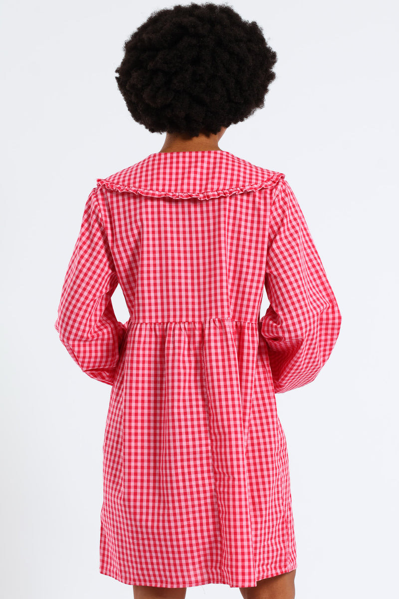Bow & Collar Gingham Mini Dress - Red