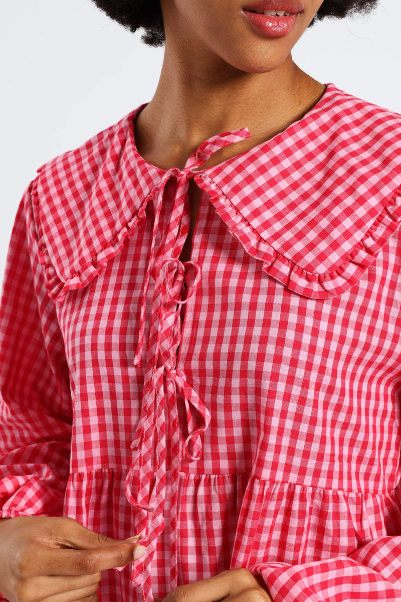 Bow & Collar Gingham Mini Dress - Red