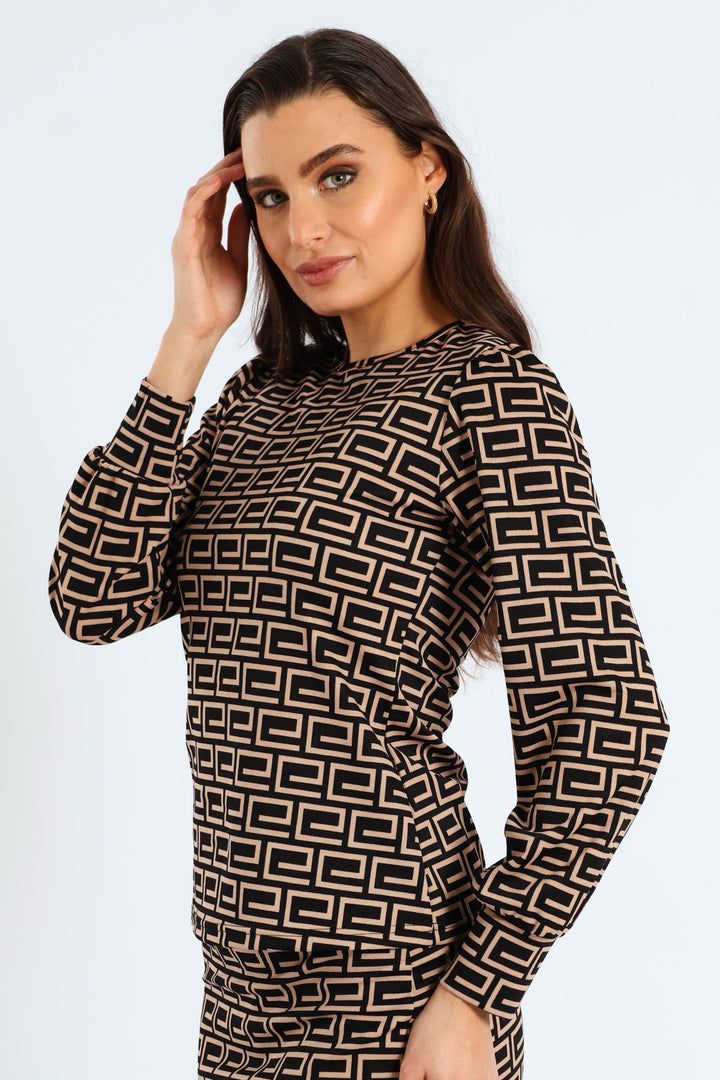 Geo Crew Neck Blouse - Black