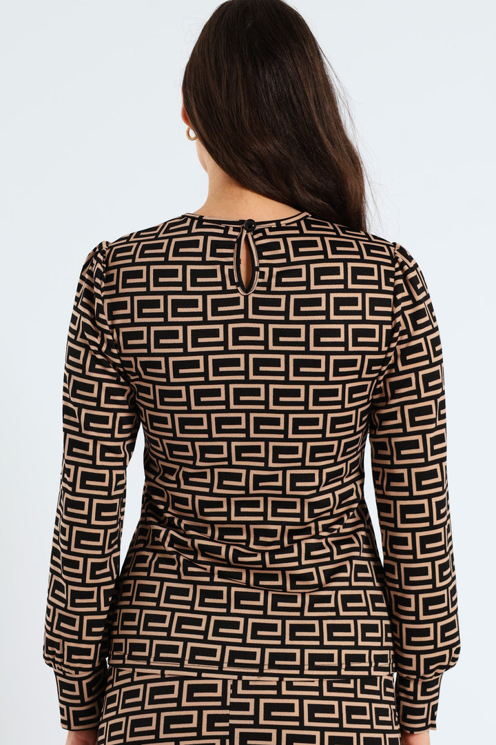 Geo Crew Neck Blouse - Black