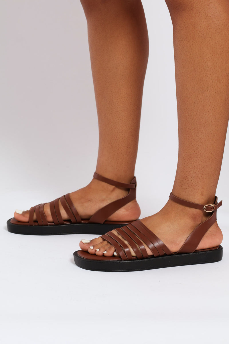 Buckle Detail Multi Strap Sandal - Chocolate