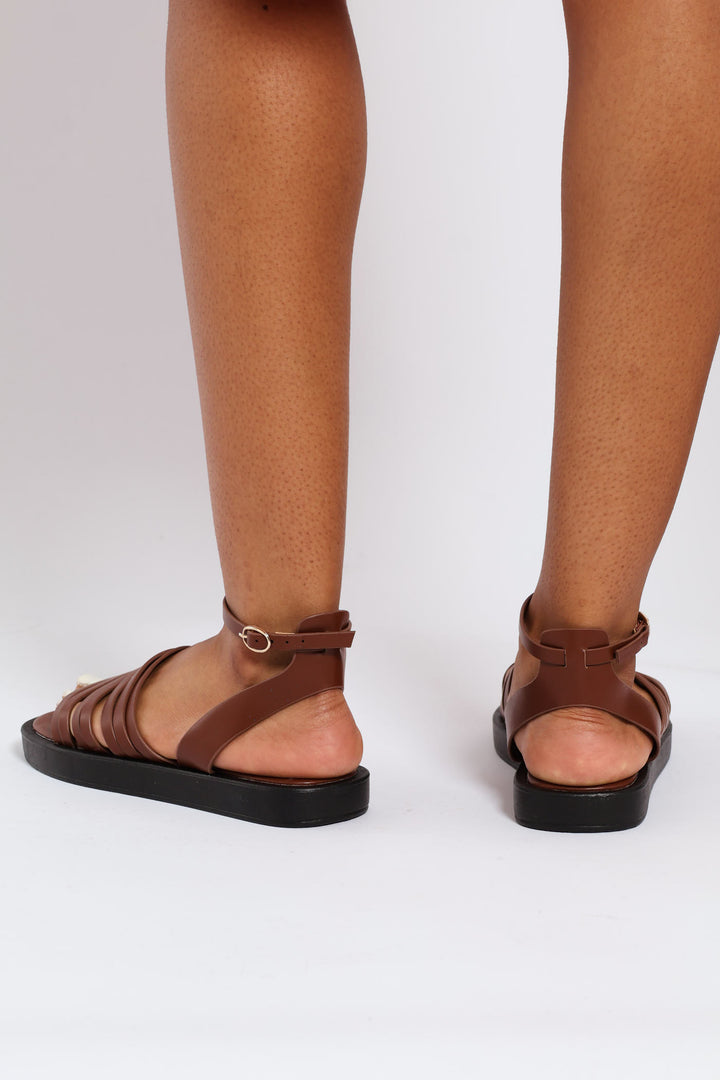 Buckle Detail Multi Strap Sandal - Chocolate