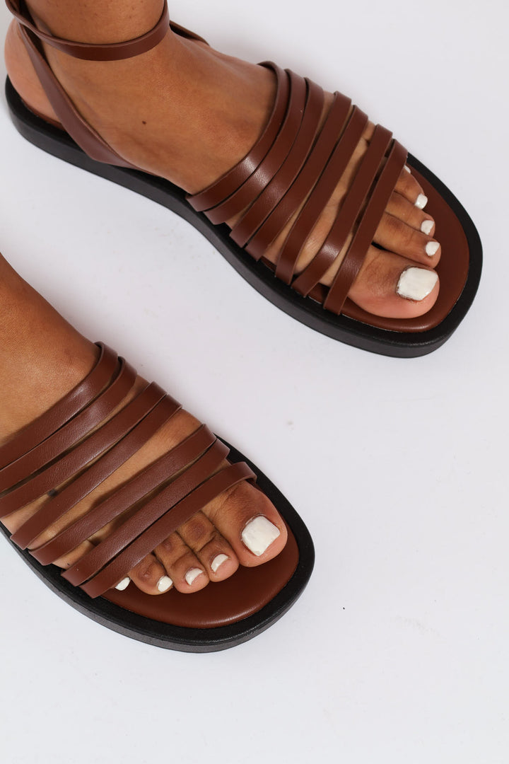 Buckle Detail Multi Strap Sandal - Chocolate