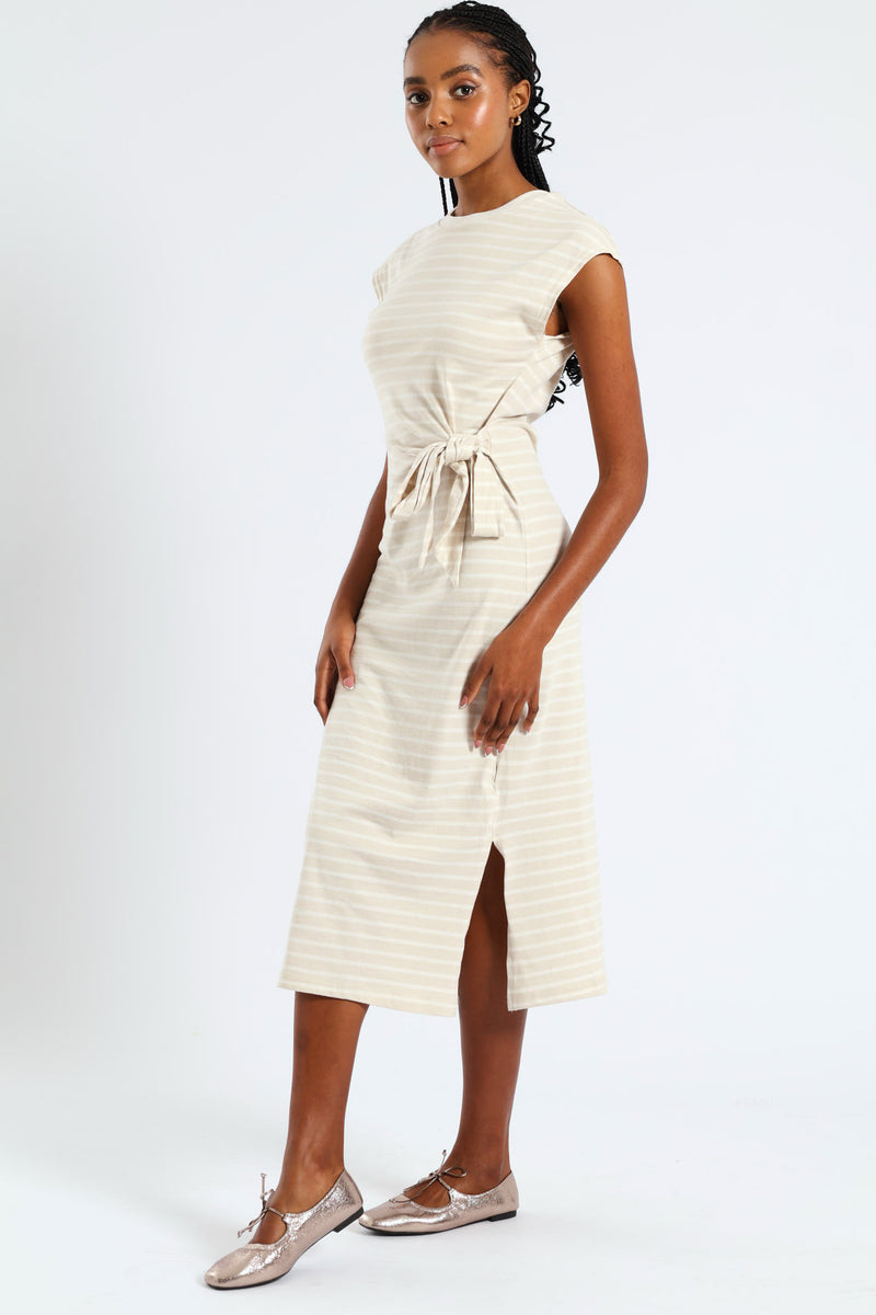 Knot Front Side Slit Midi T-Shirt Dress - Beige/Cream