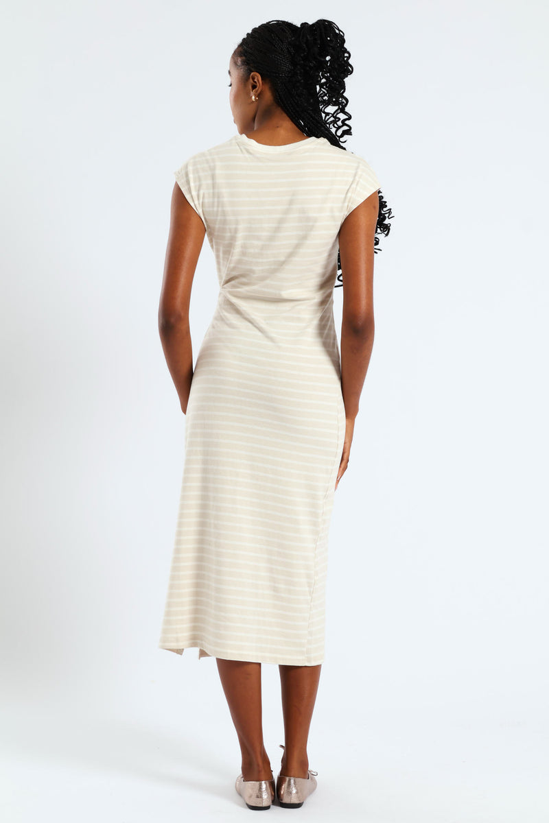 Knot Front Side Slit Midi T-Shirt Dress - Beige/Cream