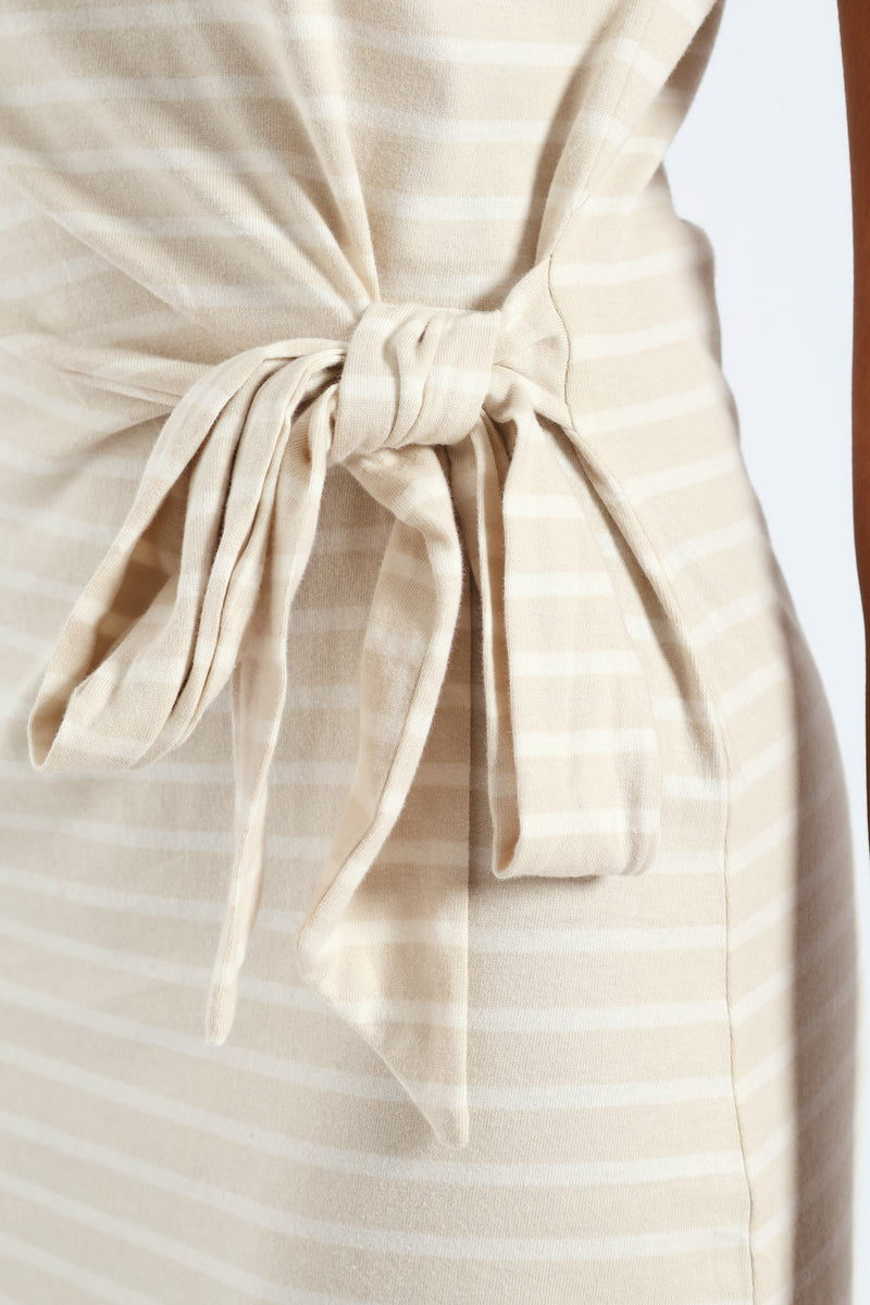 Knot Front Side Slit Midi T-Shirt Dress - Beige/Cream
