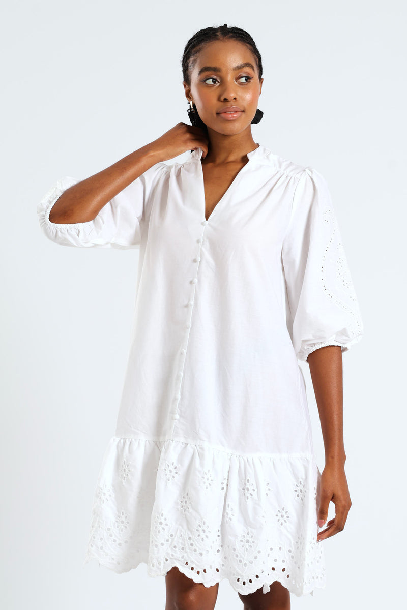 3/4 Sleeve Mandarin Collar Anglaise Detail Drop Hem Mini Dress - White