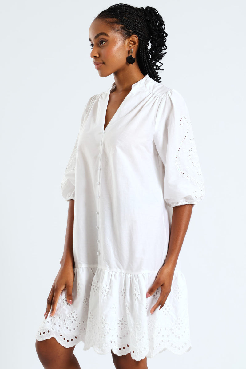 3/4 Sleeve Mandarin Collar Anglaise Detail Drop Hem Mini Dress - White