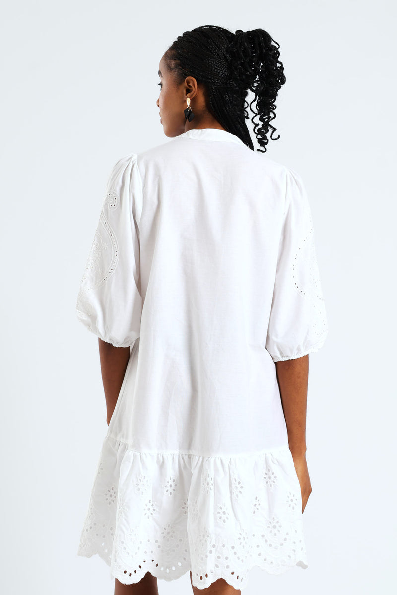 3/4 Sleeve Mandarin Collar Anglaise Detail Drop Hem Mini Dress - White