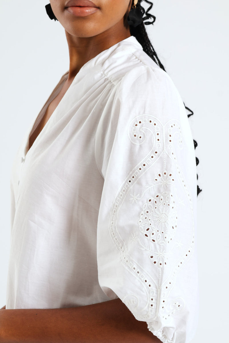 3/4 Sleeve Mandarin Collar Anglaise Detail Drop Hem Mini Dress - White