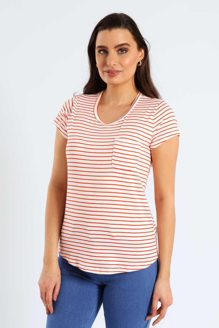 Skinny Stripe Pocket Tee - White/Orange
