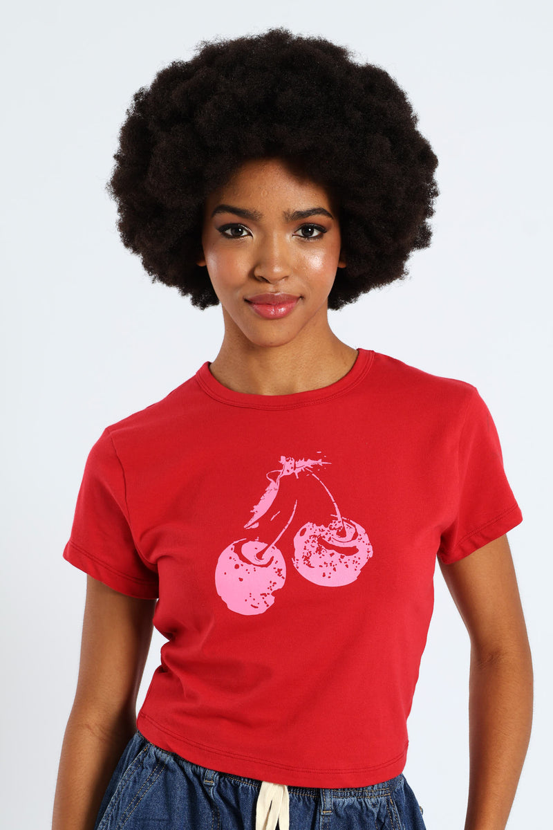 Double Cherry Baby Tee - Red