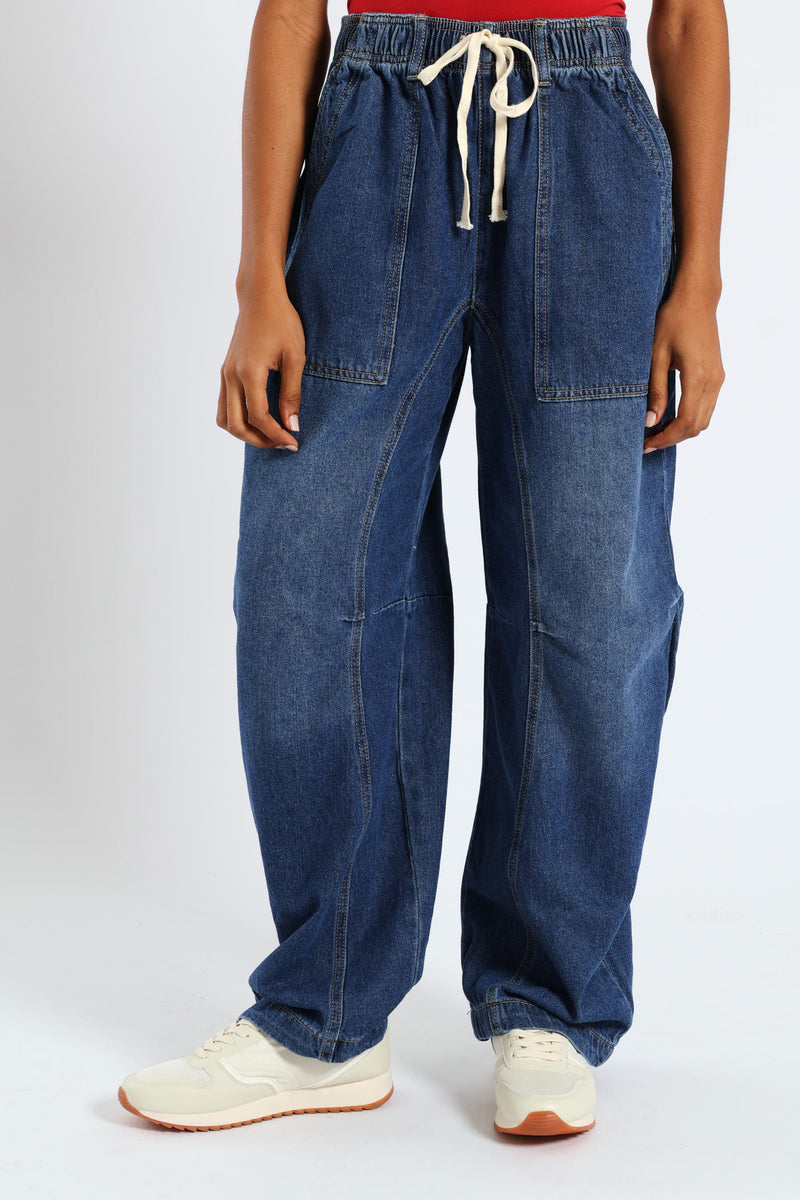 Elasticated Barrel Denim - Mid Blue