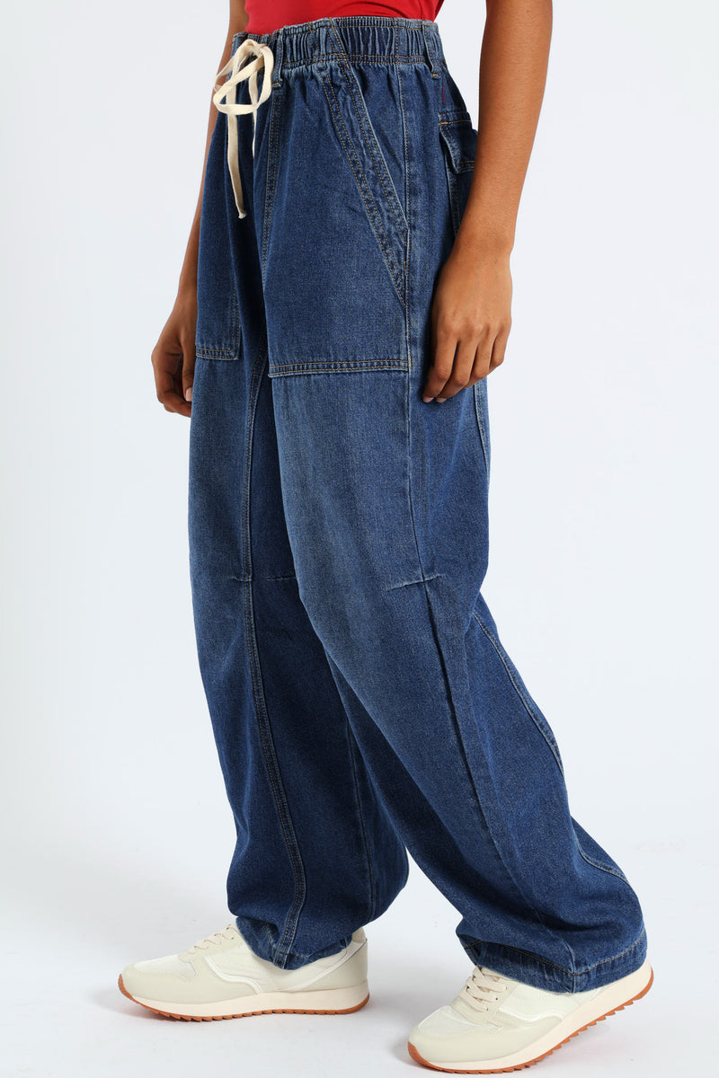 Elasticated Barrel Denim - Mid Blue