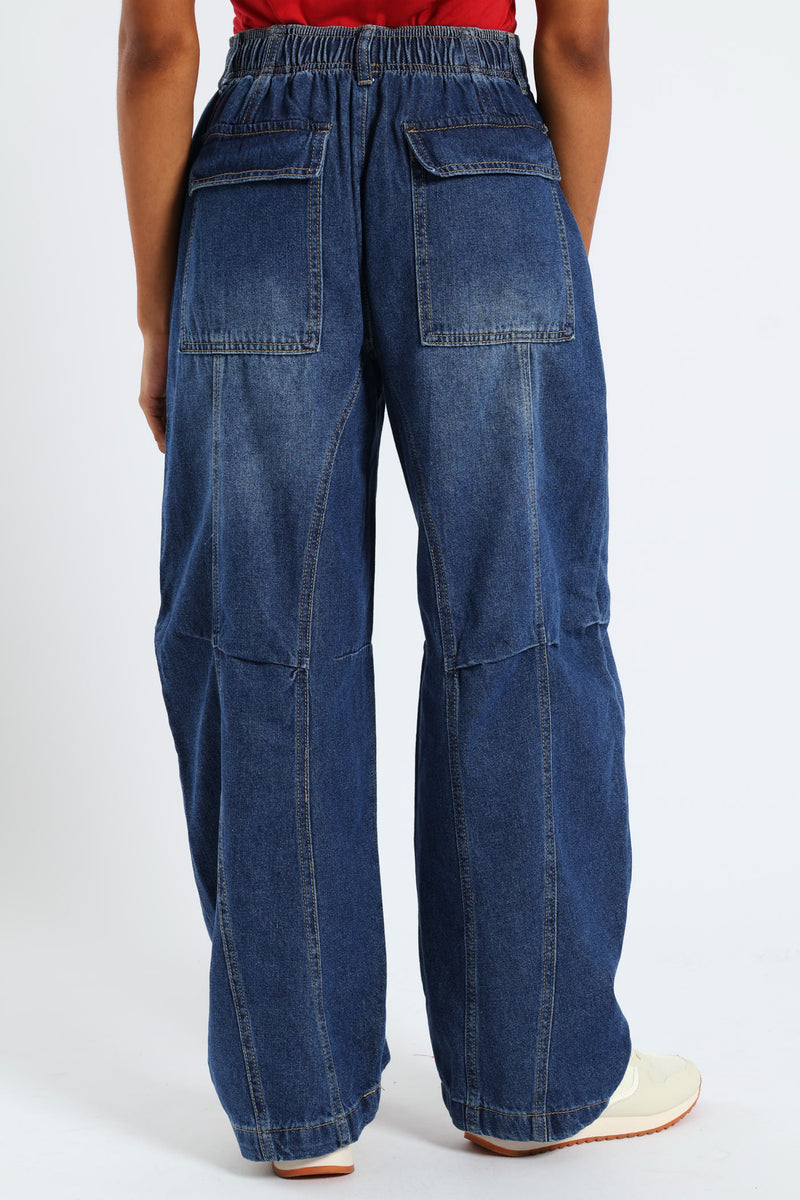 Elasticated Barrel Denim - Mid Blue